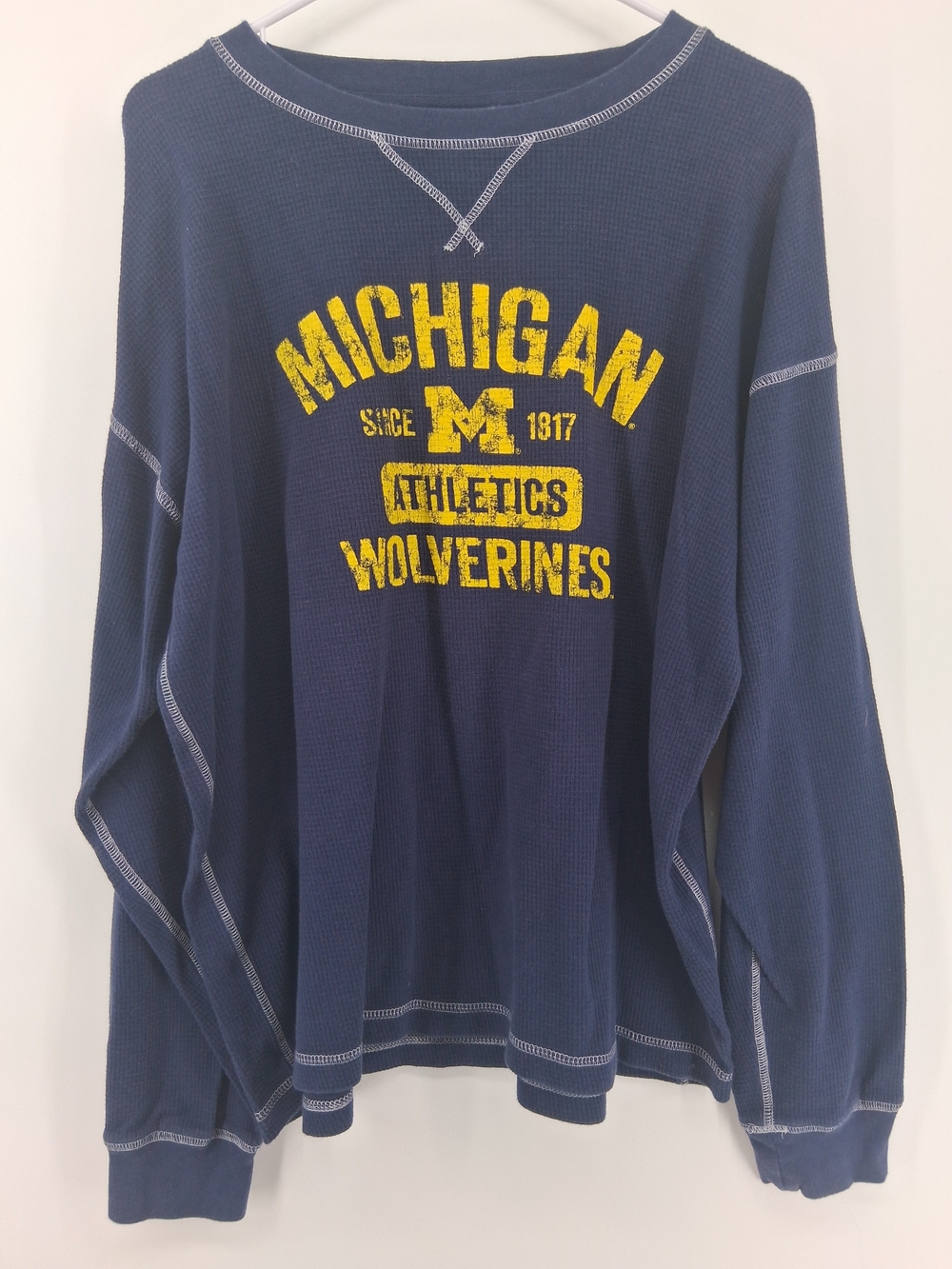 NCAA Navy Long Sleeve Waffle Knit Tee with Yellow Michigan Graphic